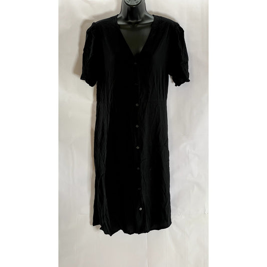 UNIQLO Women's Black Solid V-Neck Short Sleeve Button-Front Midi Dress SZ L