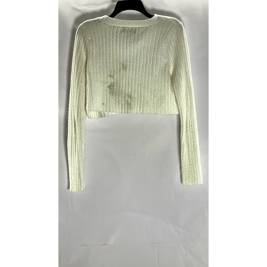 URBAN OUTFITTERS Women's Cream Fuzzy Rochelle Button-Up Cropped Cardigan SZ M