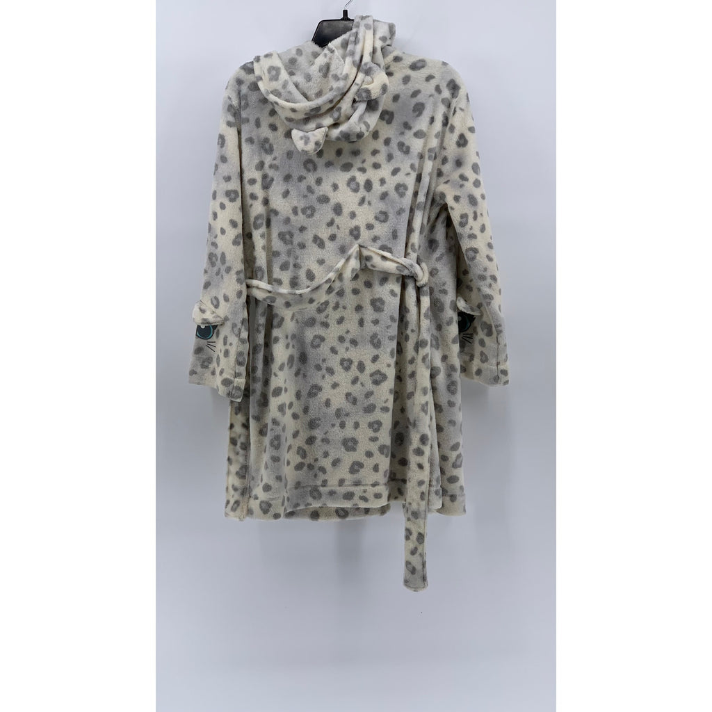 JUSTICE Girls' Gray-White Leopard Print Hooded Wrap Tie Robe SZ 14/16