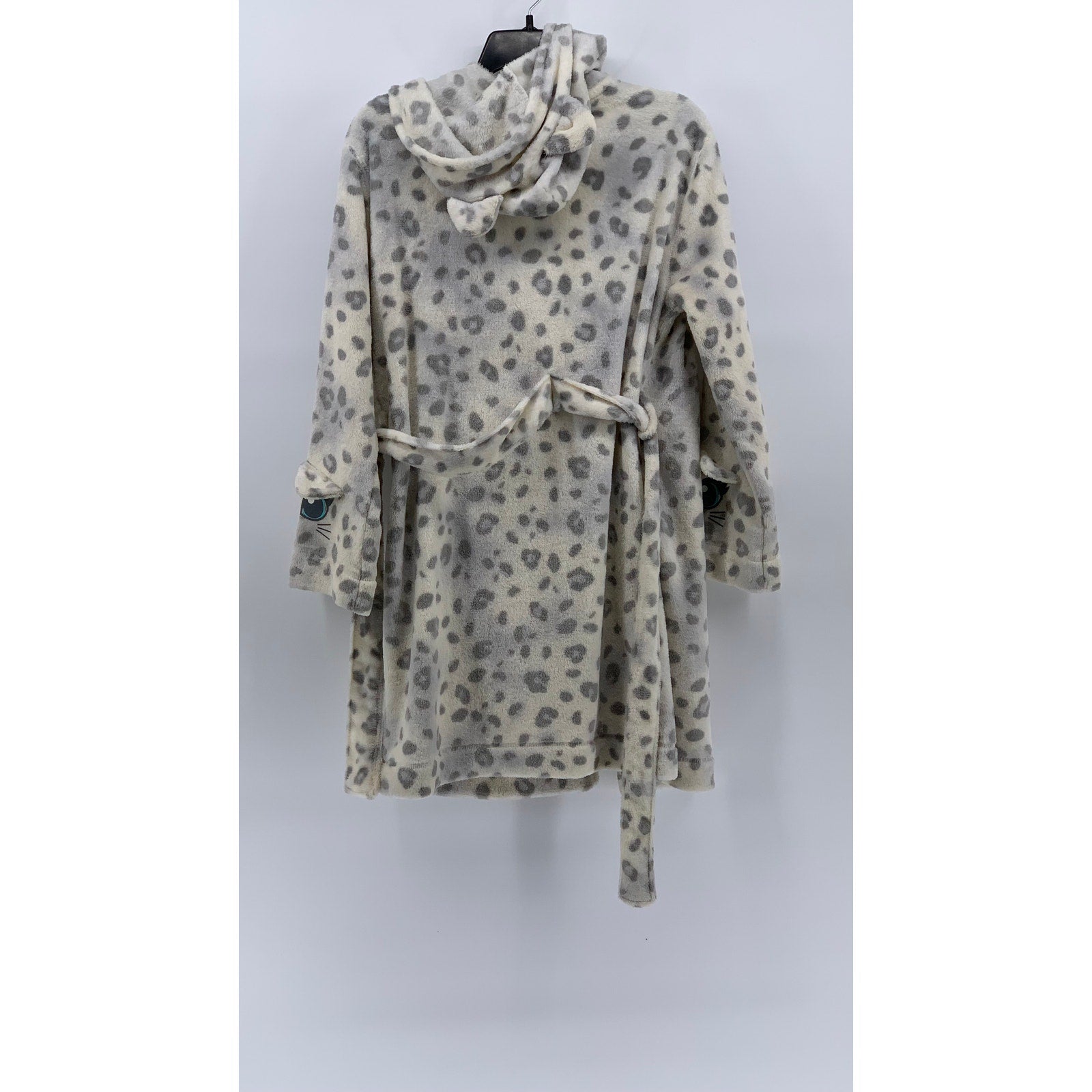 JUSTICE Girls' Gray-White Leopard Print Hooded Wrap Tie Robe SZ 14/16
