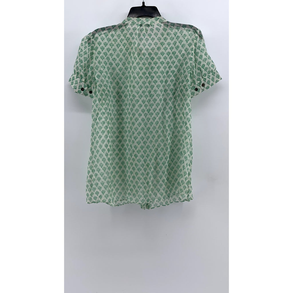 BANANA REPUBLIC Women's White-Green Printed Pintuck Button-Up Silk Top SZ L