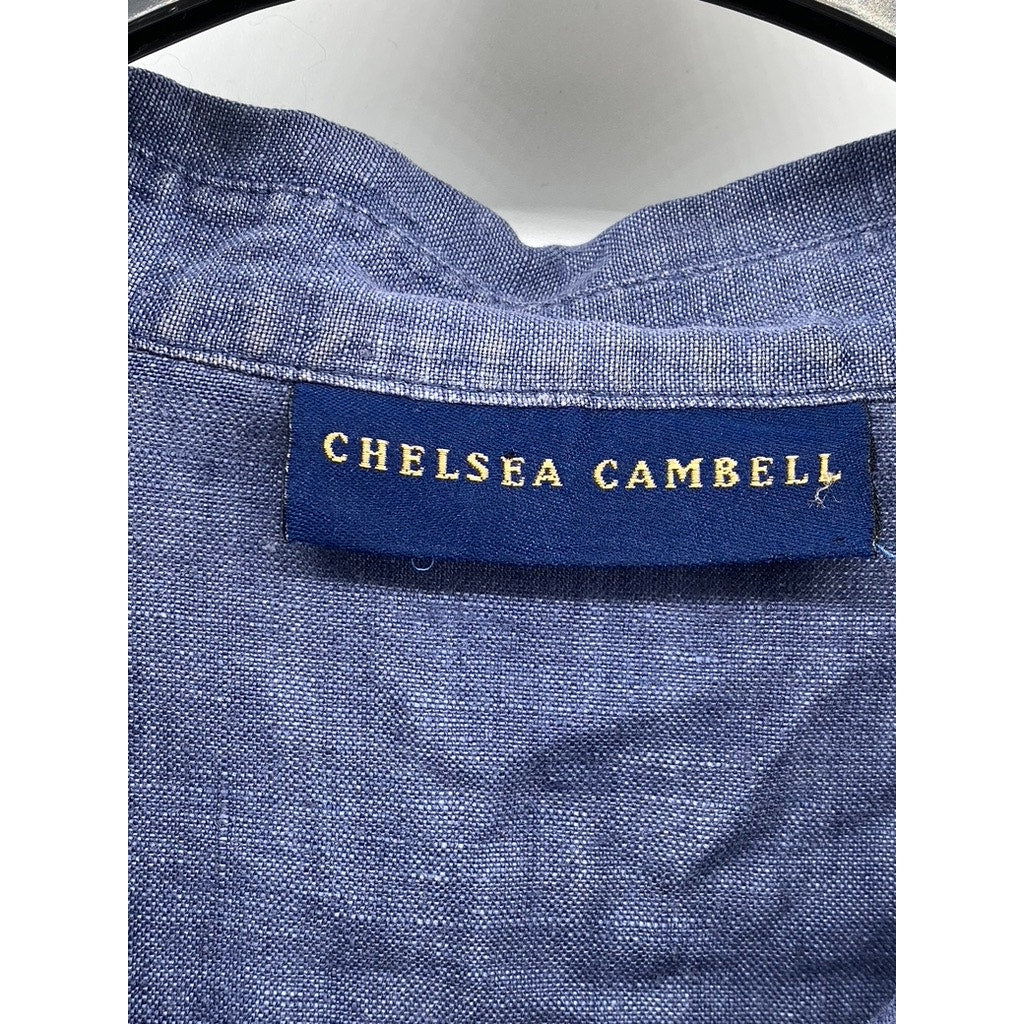 CHELSEA CAMBELL Women's Blue Linen Sleeveless Midi A-Line Shirt Dress SZ S