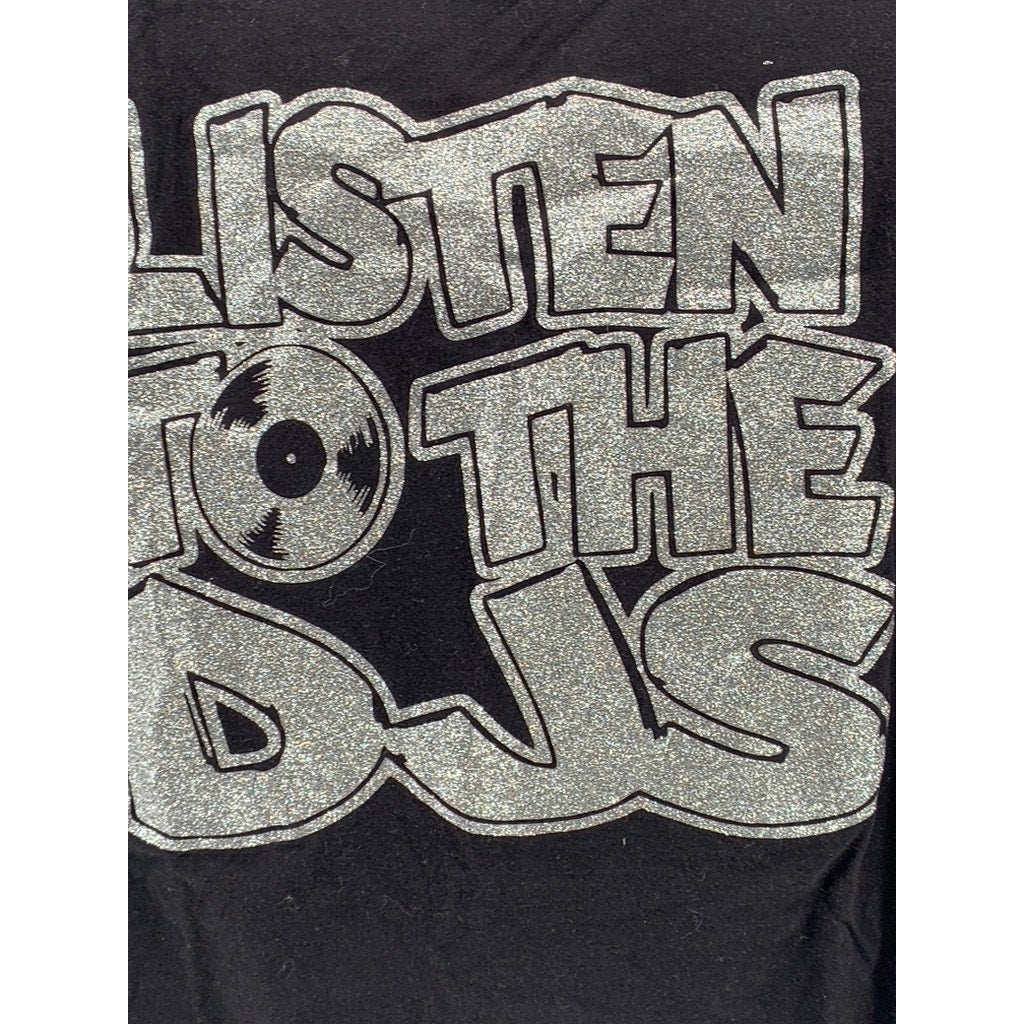 PRIMARK Women's Black V-Neck Listen To The DJ's Short Sleeve T-Shirt SZ S
