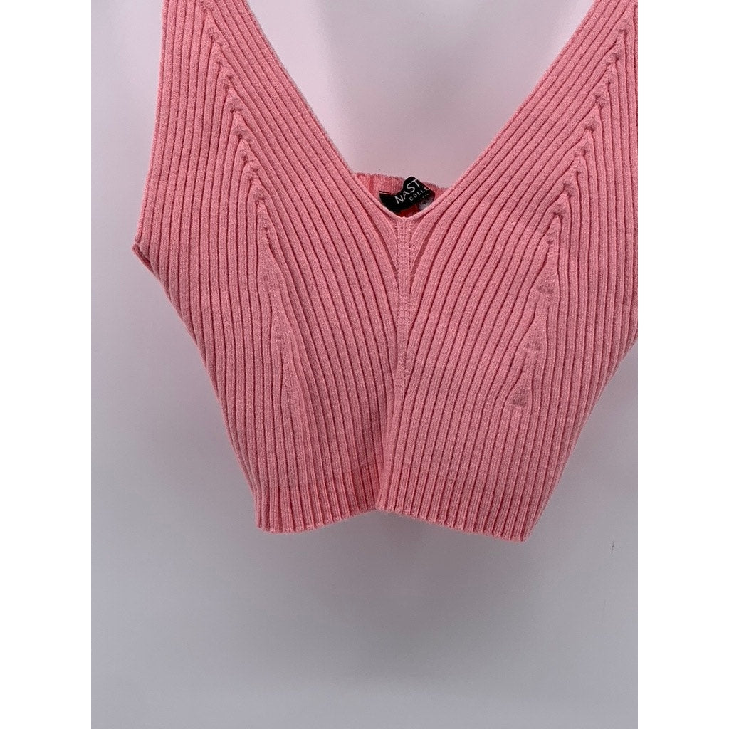 NASTY GAL COLLECTION Women's Light Pink Ribbed V-Neck Cropped Tank Top SZ S