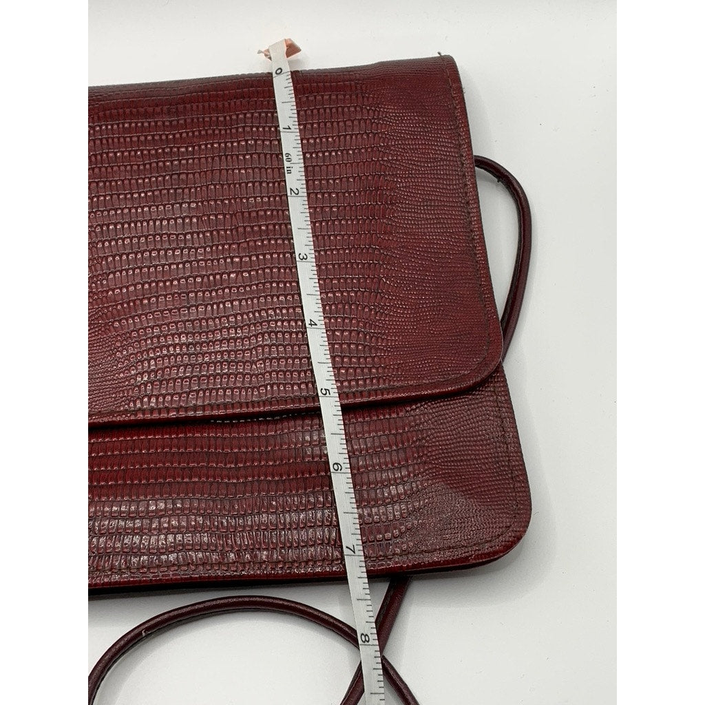 Women's Vintage Burgundy Snakeskin Flap Snap Button Cross Body Clutch Bag