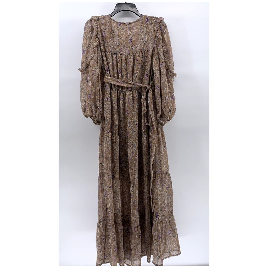 ELAN Women’s Tan Paisley Printed Long Sleeve Ruffle Trim Wrap Midi Dress SZ S