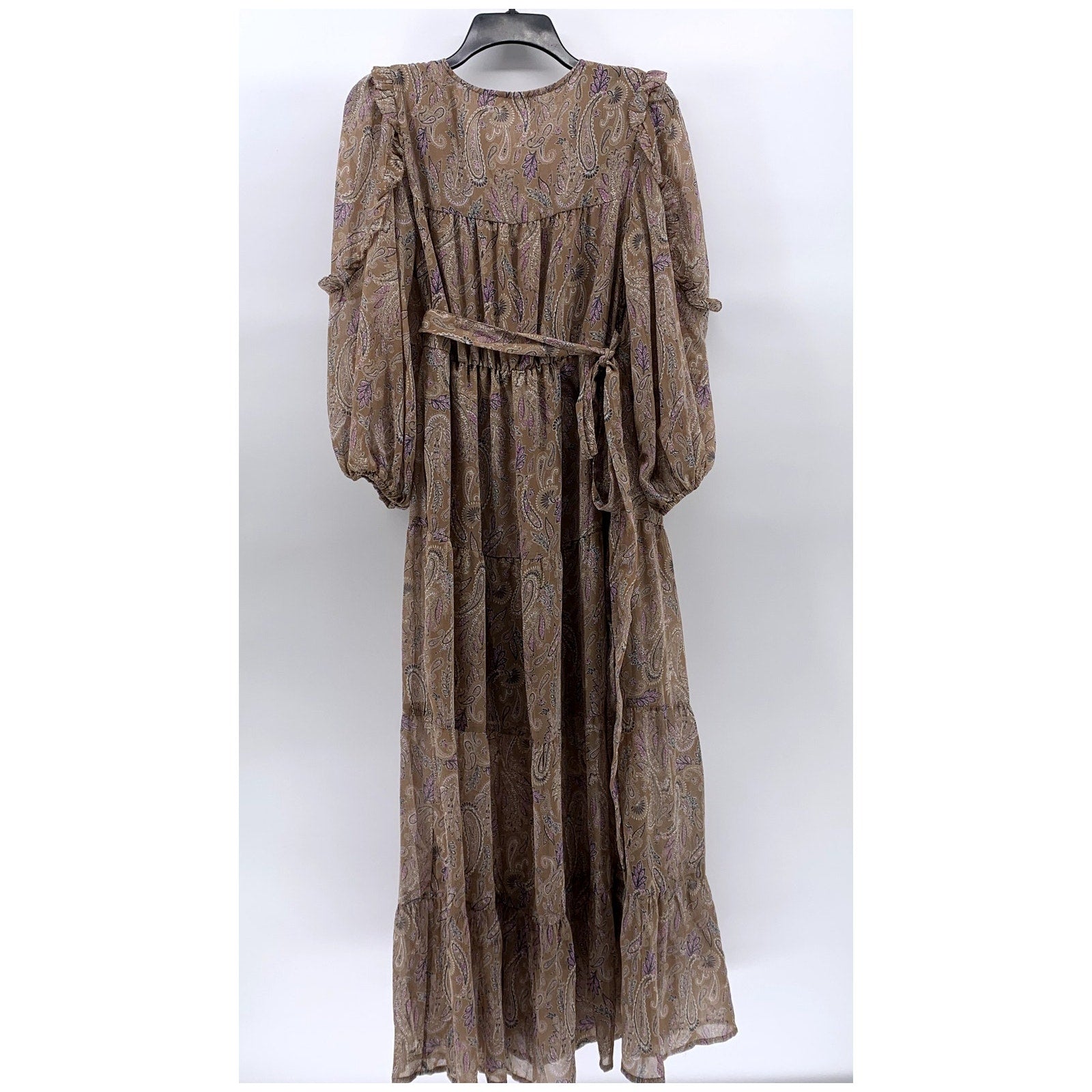 ELAN Women’s Tan Paisley Printed Long Sleeve Ruffle Trim Wrap Midi Dress SZ S