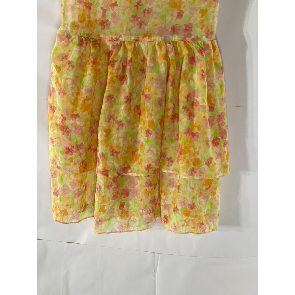 UNBRANDED Girls' Orange Floral Crewneck Short Sleeve Tiered Dress SZ L