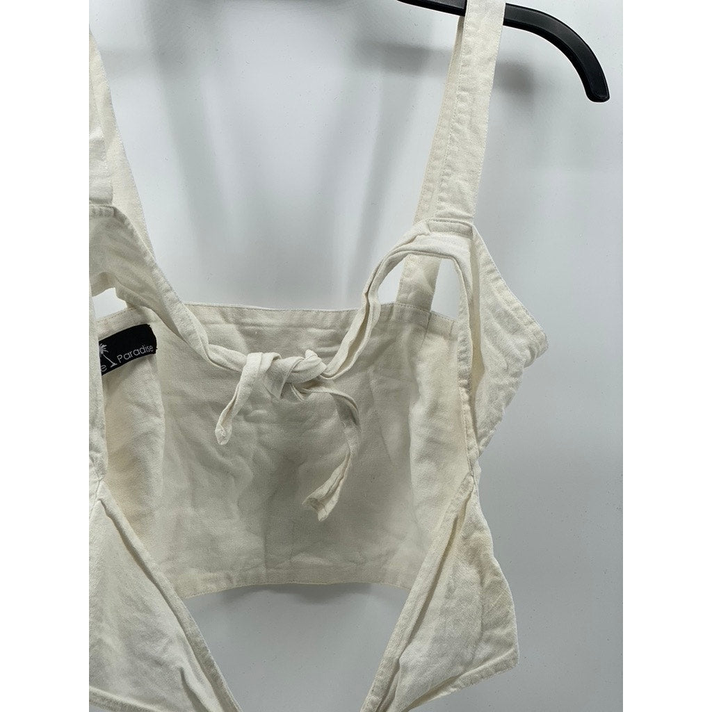 LITTLE PARADISE Women’s White Linen Tie Open-Back Cropped Tank Top SZ S