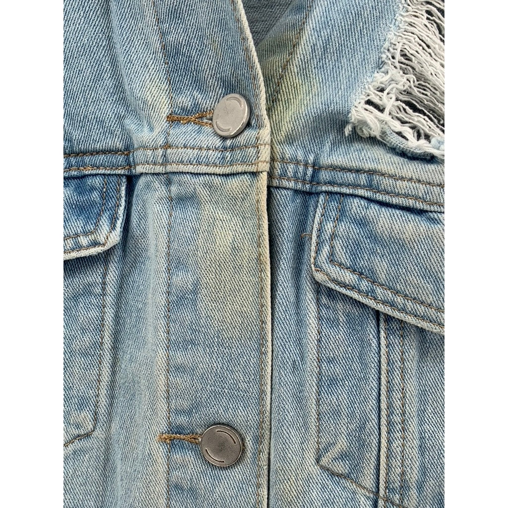 GB GIANNI BINI Women's Blue Distressed Button-Up Long Sleeve Jean Jacket SZ L