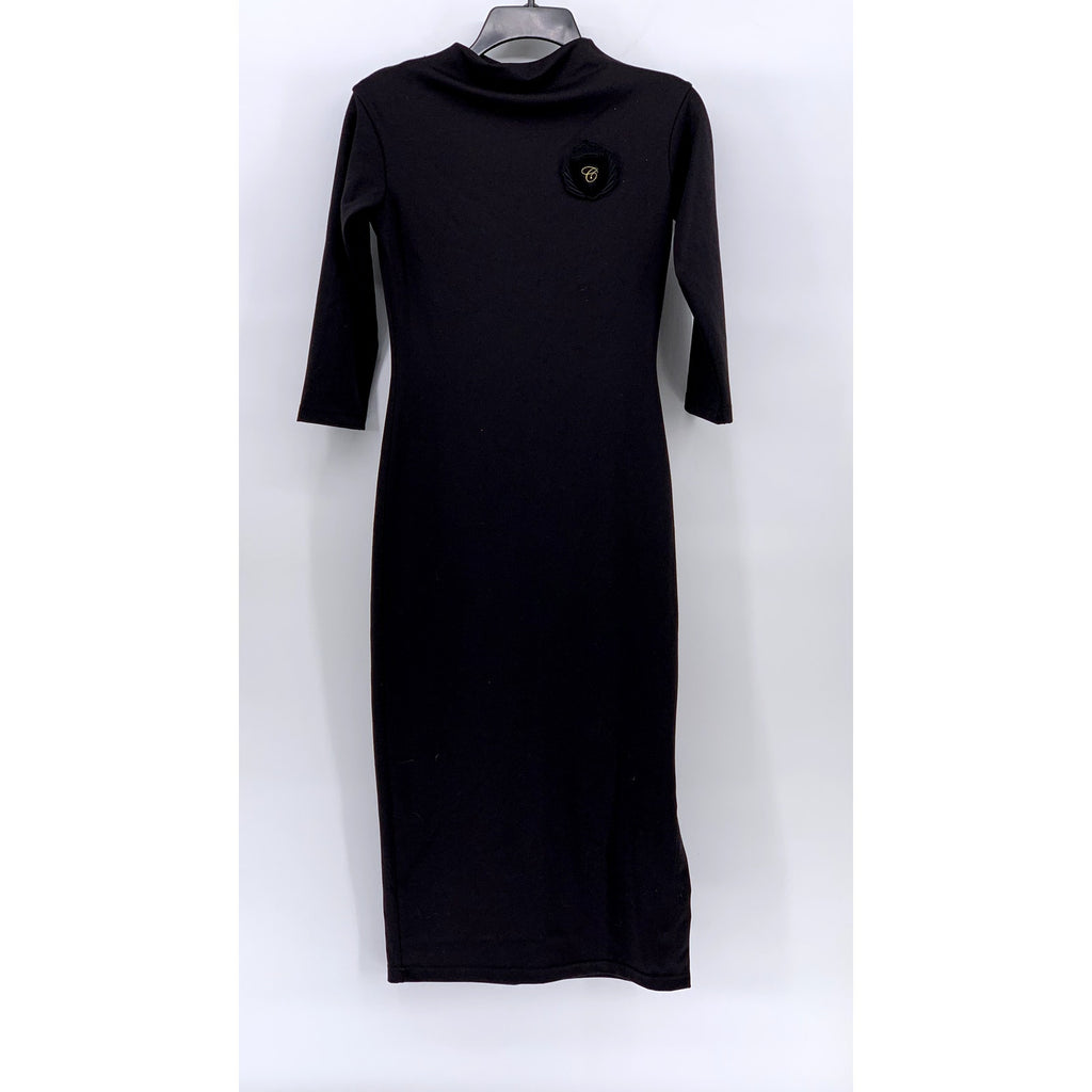 UNBRANDED Women's Black Embroidered Crown C Patch Mock-Neck Midi Dress SZ S