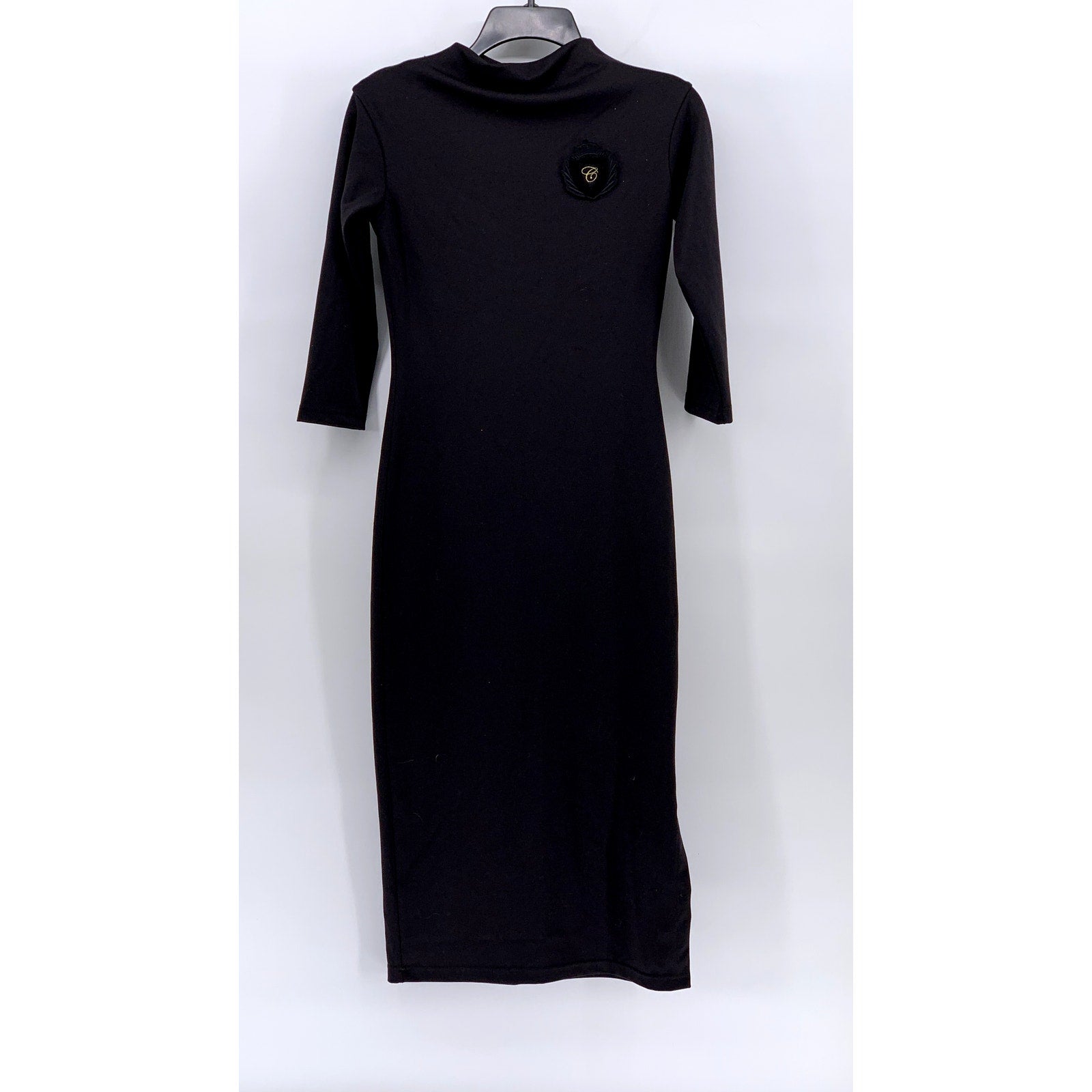 UNBRANDED Women's Black Embroidered Crown C Patch Mock-Neck Midi Dress SZ S