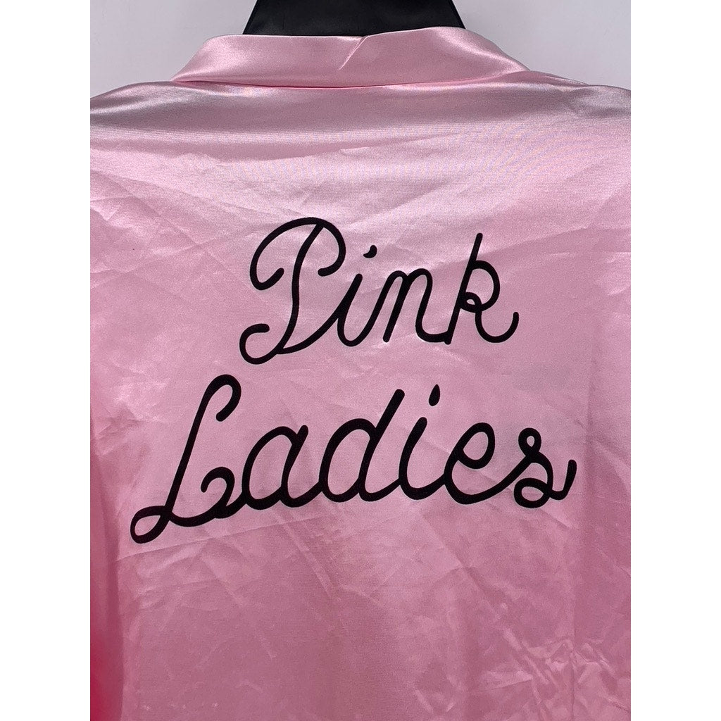 UNBRANDED Women's Light Pink Satin Collarless Script Logo Zip-Up Jacket SZ 3XL