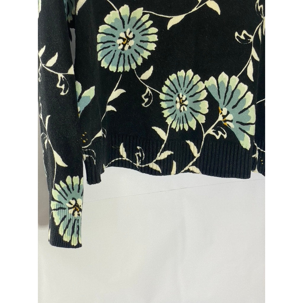 LOFT Women's Black Floral Crewneck Long Sleeve Lightweight Sweater SZ S