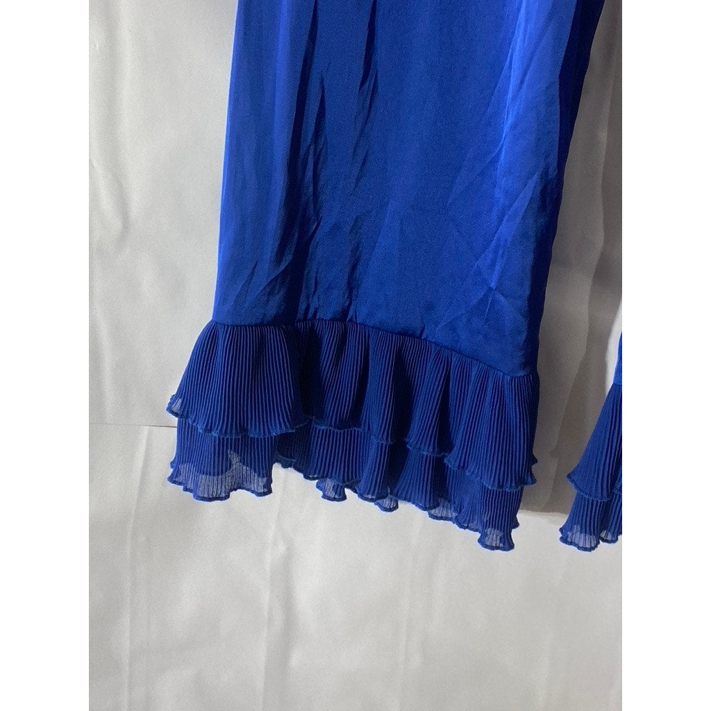 SHEIN Women's Royal Blue Satin Ruffle Layered Hem Pull-On Pant SZ S