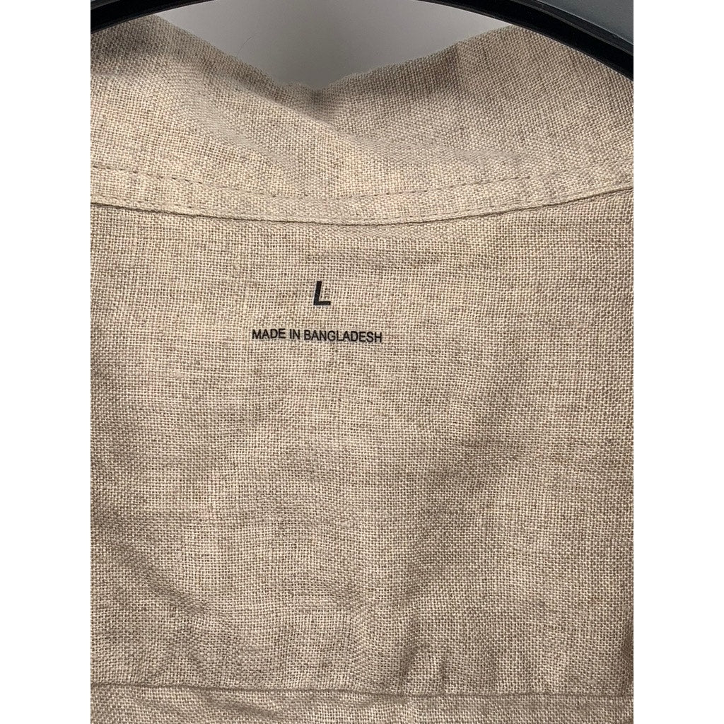 MUJI Men's Light Brown Linen Regular-Fit Button-Up Short Sleeve Shirt SZ L