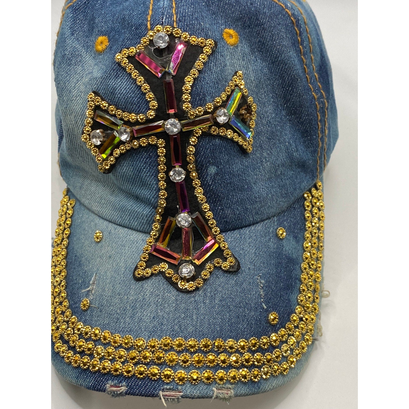 UNBRANDED Women's Blue-Gold Denim Cross Rhinestone Studded Baseball Cap SZ OS