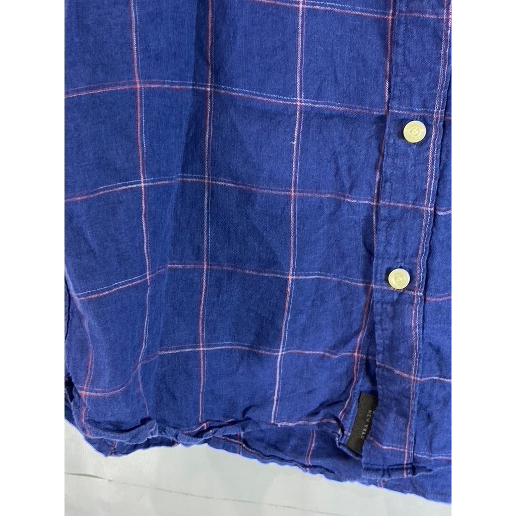 JACHS NEW YORK Men's Blue Windowpane Linen Classic-Fit Button-Up Shirt SZ S