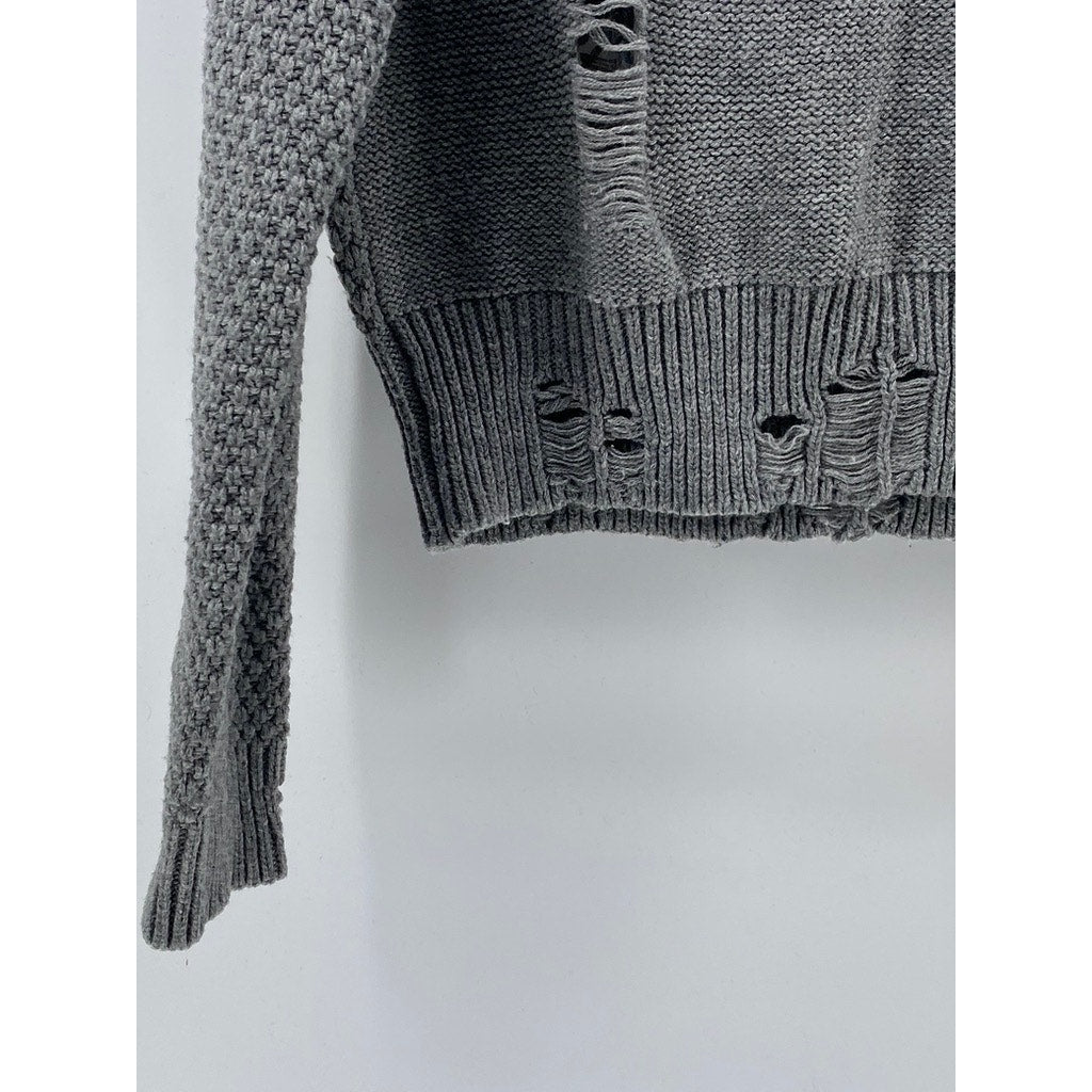 COTTON EMPORIUM Women's Gray Cable Knit Crewneck Distressed Pullover Sweater SZM
