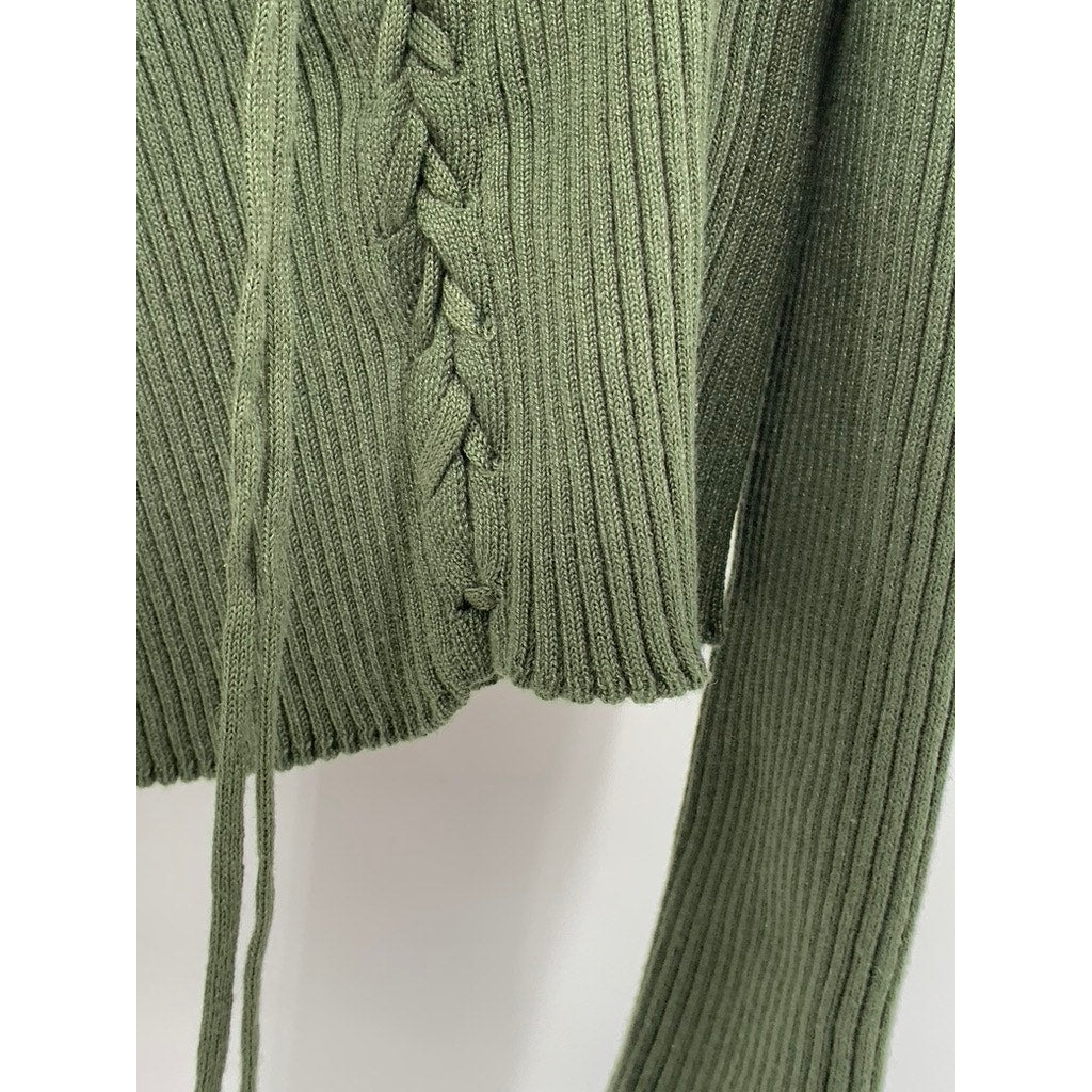 CHOCOLATE USA Women's Green Ribbed Long Sleeve Off-The-Shoulder Lace-Up Top SZML