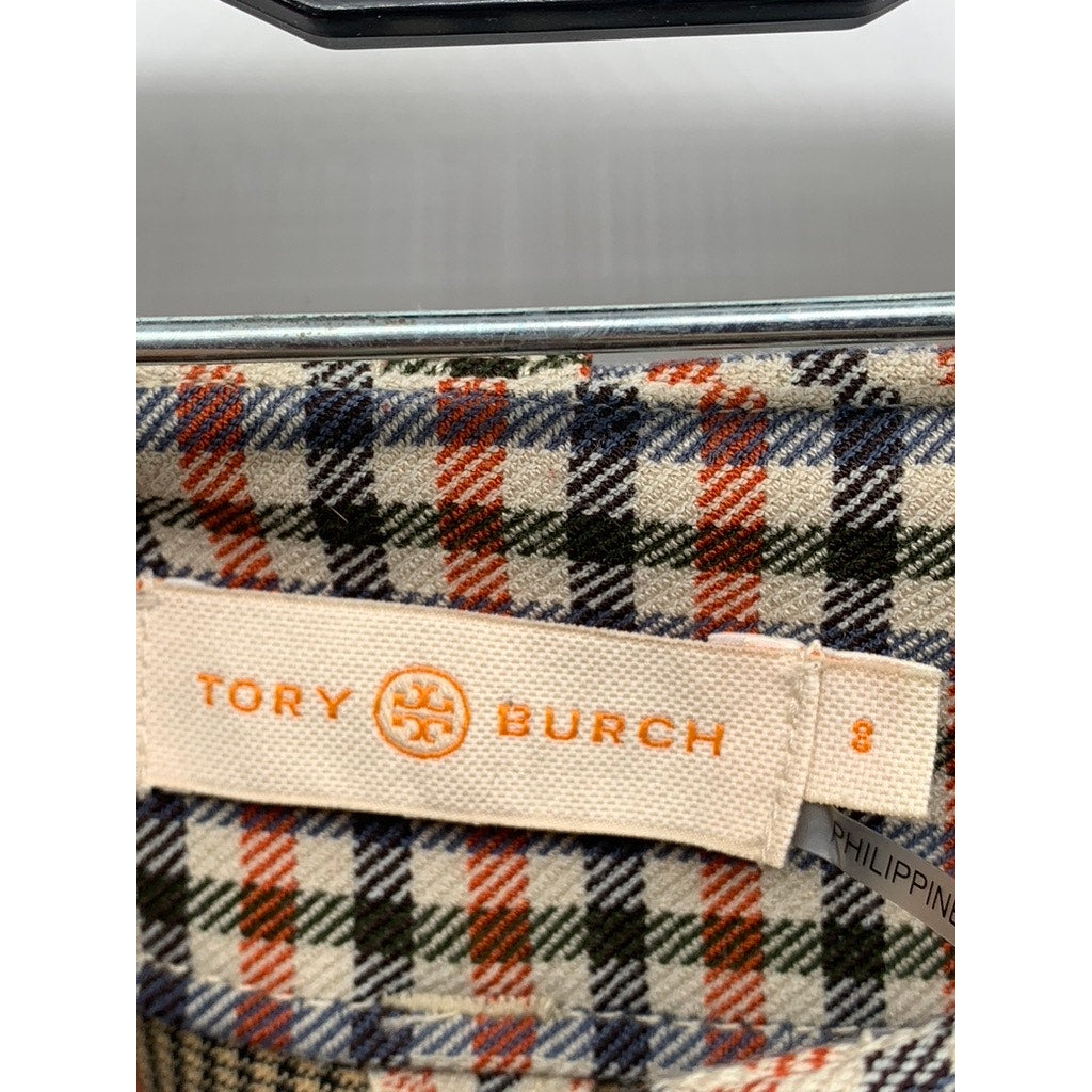 TORY BURCH Women's Orange-Black-Beige Gingham Flare Pants SZ 8(L)