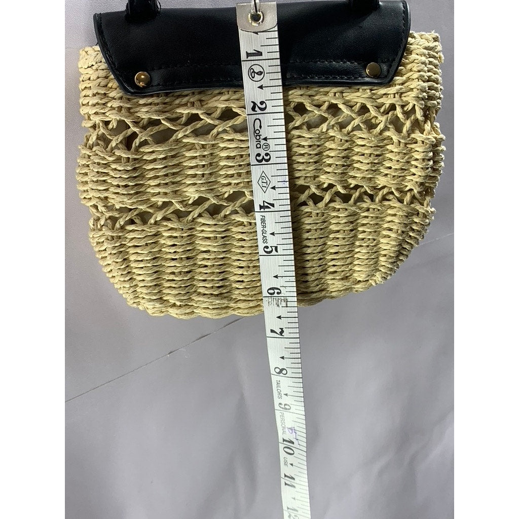 A NEW DAY Women's Black-Tan Straw Flap Snap Button Shoulder Cross-Body Bag