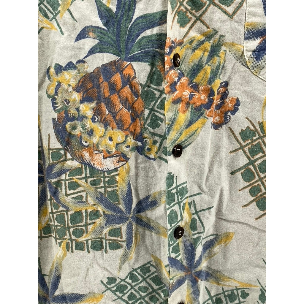 GREAT LAND Men's Vintage White-Green Regular-Fit Button-Up Hawaiian Shirt SZ L