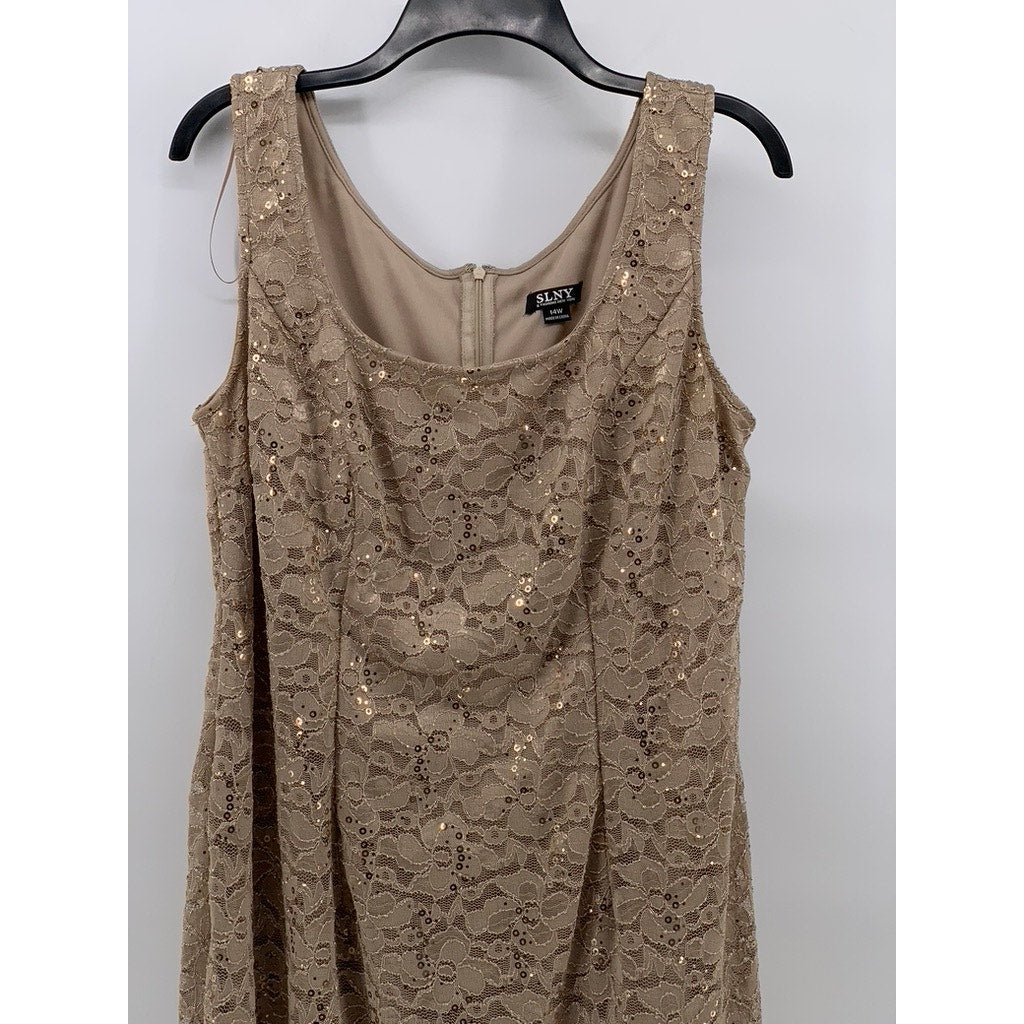 SLNY Women's Plus Beige Floral Lace Straight-Neck Sheath 2pc Dress SZ 14W