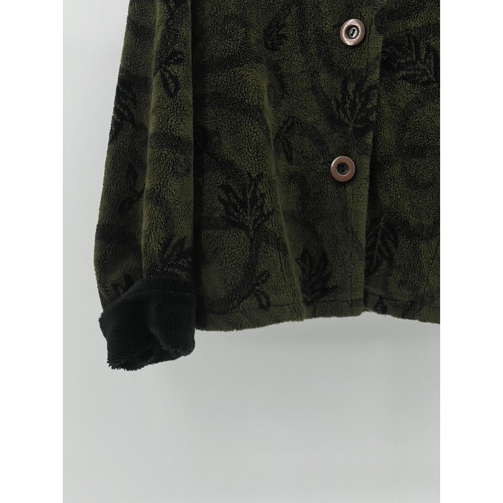 MARALYCE FERREE Women's Olive Green-Black Fleece Floral Print Button-Up Coat SZL