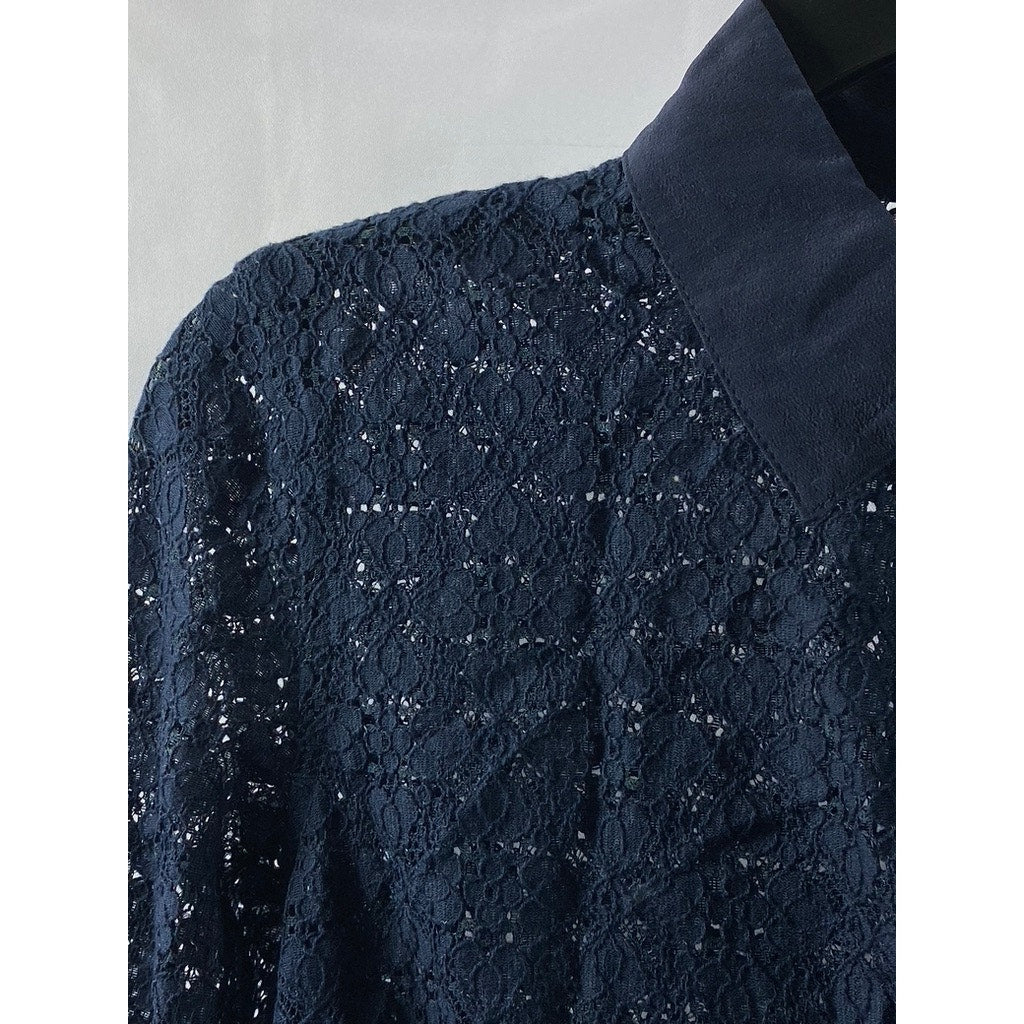 CLUB MONACO Women's Navy Floral Lace Button-Up Long Sleeve Top SZ XS