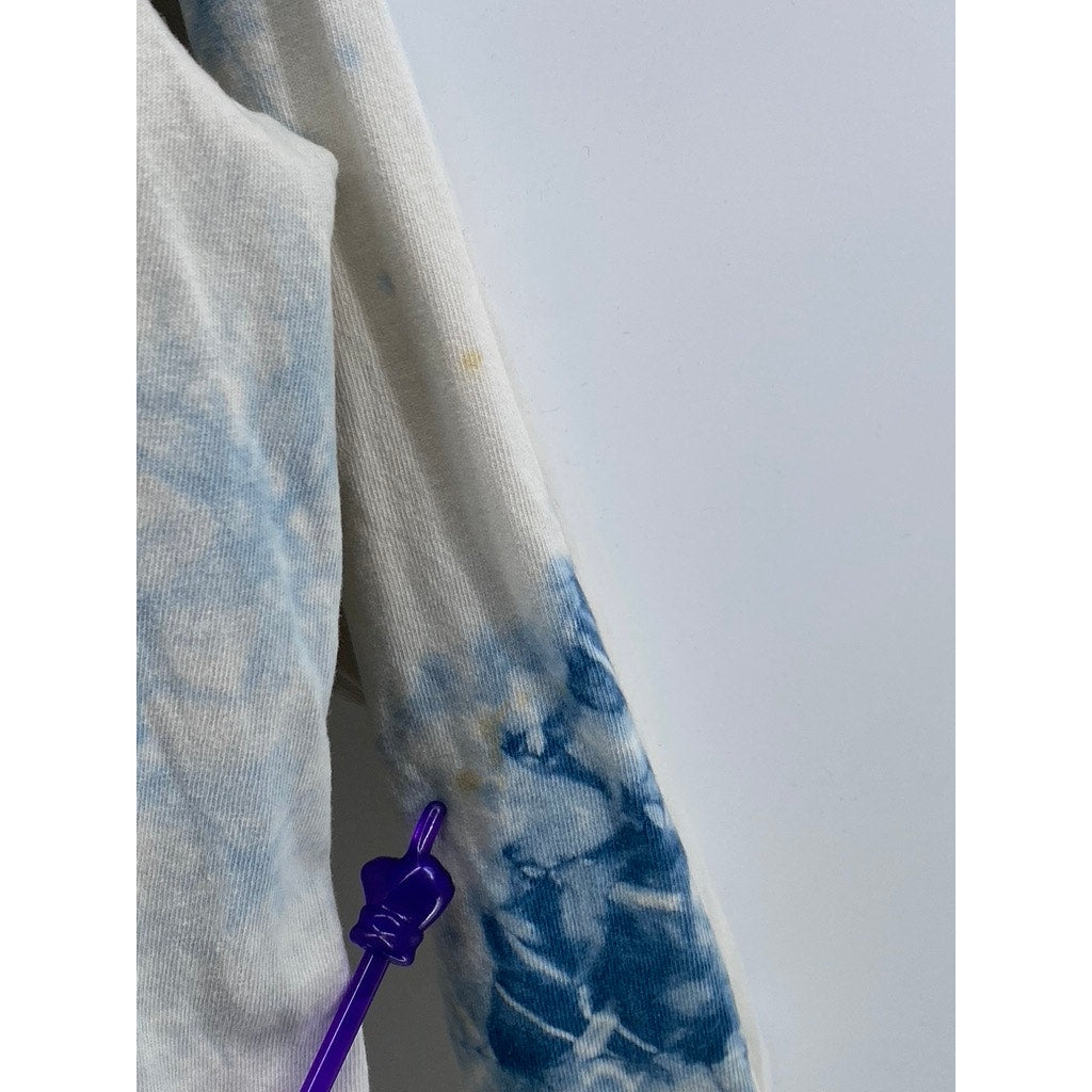 BODEGA Men's Blue-White Tie-Dye Graphic Logo Crewneck Long Sleeve T-Shirt SZ L