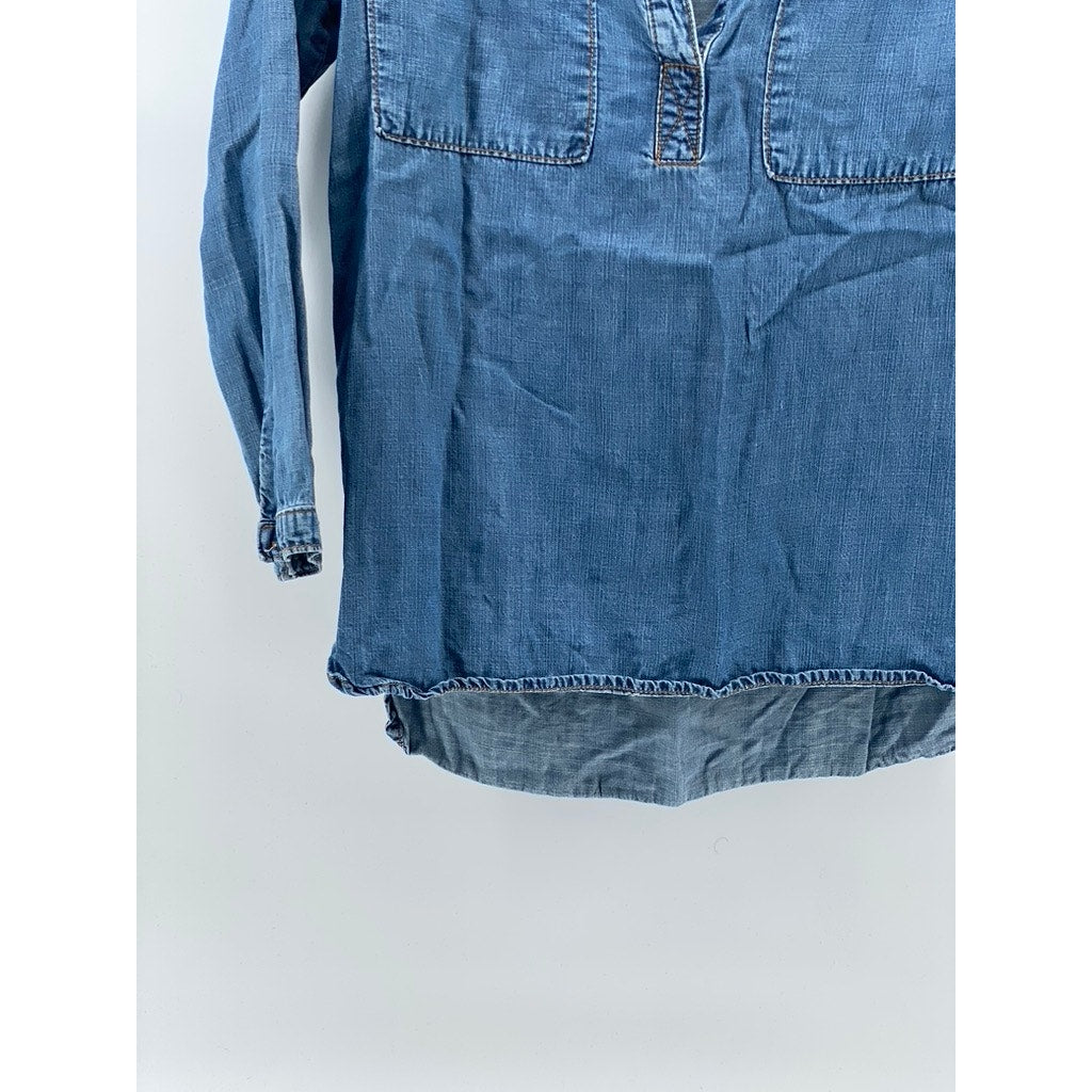 CLOTH & STONE Women's Blue Denim Collarless Long Sleeve Split-Neck Top SZ S