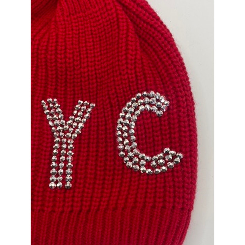 NYC Women's Red Ribbed Rhinestone Embellished Pom-Pom Faux Fur Lined Beanie SZOS