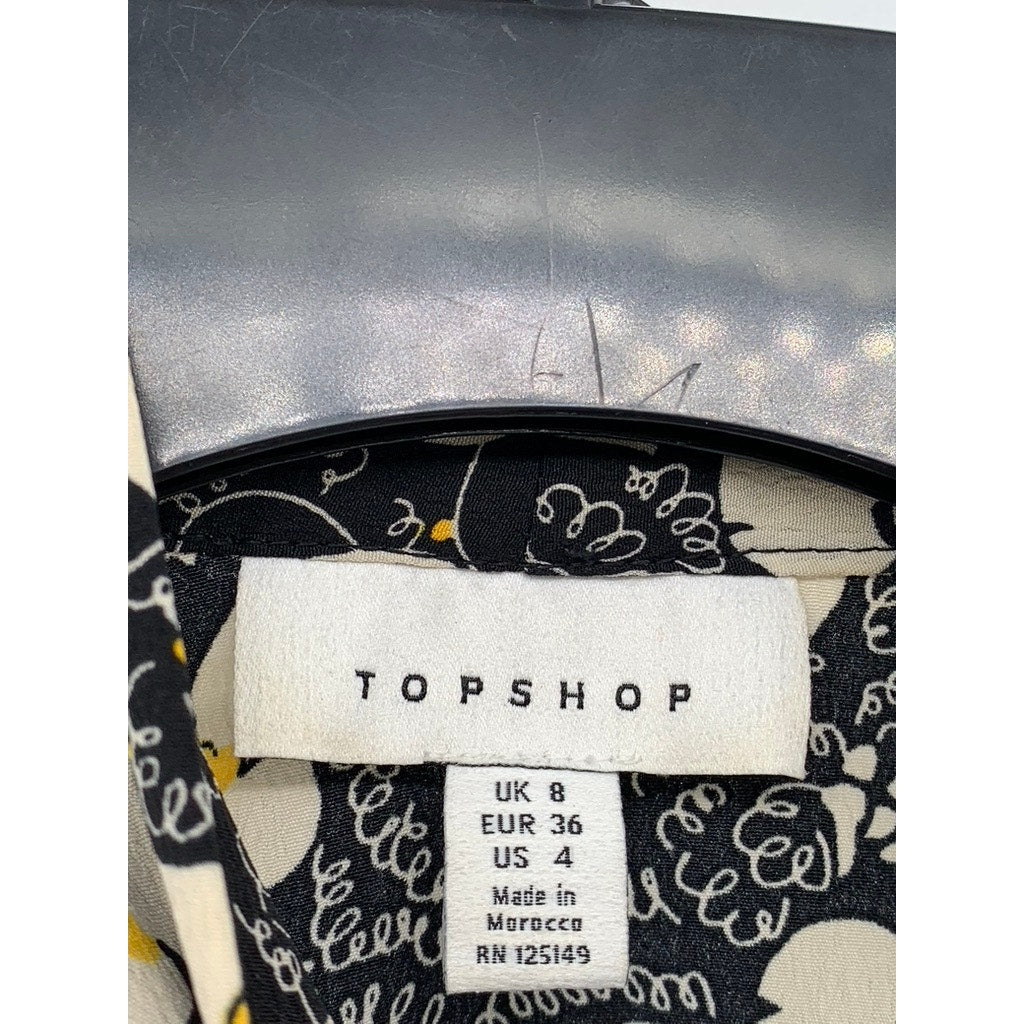 TOPSHOP Women's Black Floral Print Tie Neck Long Sleeve Mini Dress SZ 4