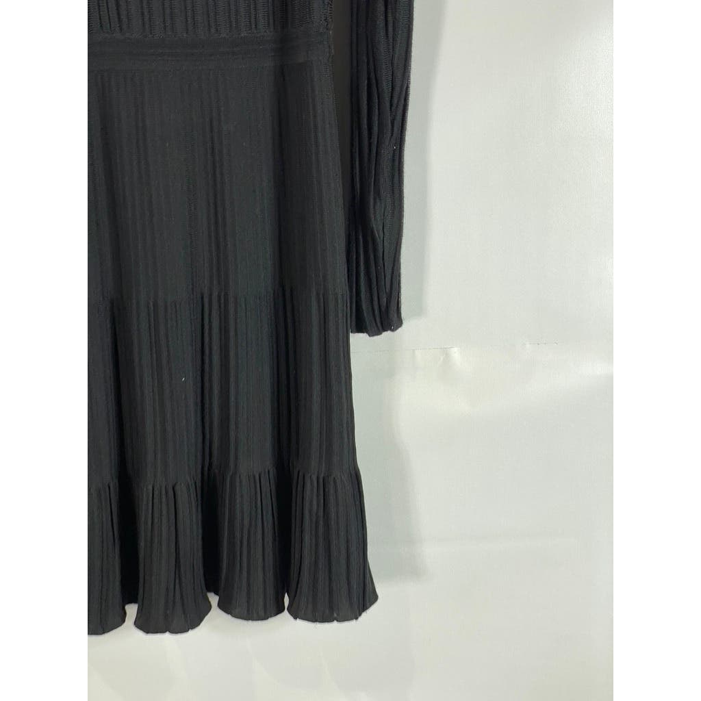 REISS Women's Clemmy Black Pleated Long Sleeve A-line Illusion Dress SZ L