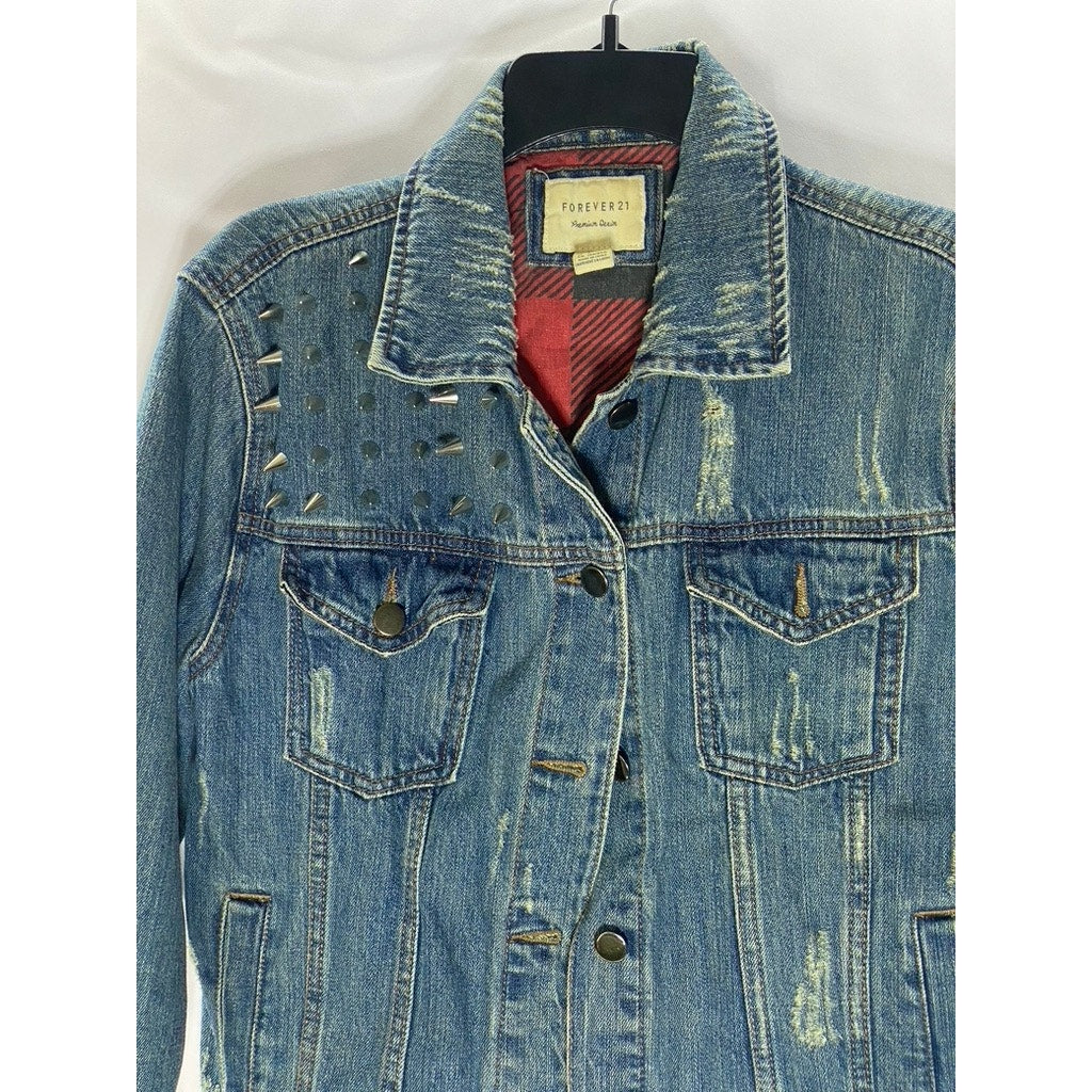 FOREVER 21 Women's Blue Denim Custom Studded Distressed Button-Up Jacket SZ S