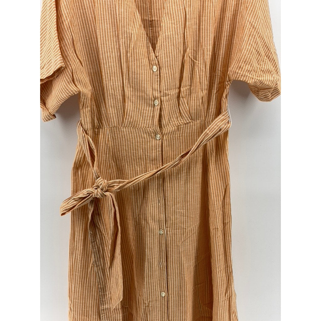 MNG BASICS Women's Orange-White Striped Button-Up Belted Midi Dress SZ S