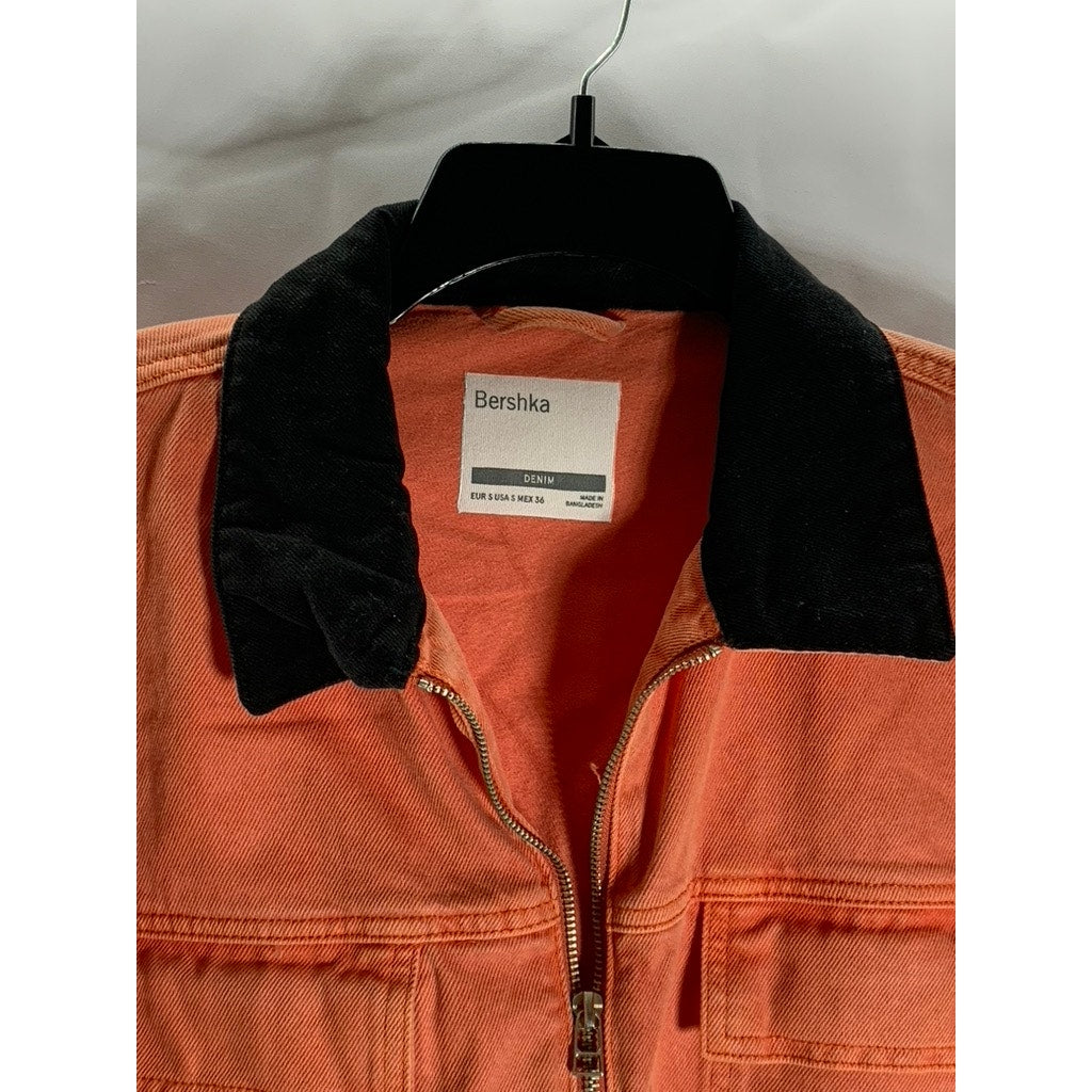 BERSHKA Men's Orange Cotton Four-Pocket Zip-Up Denim Jacket SZ S