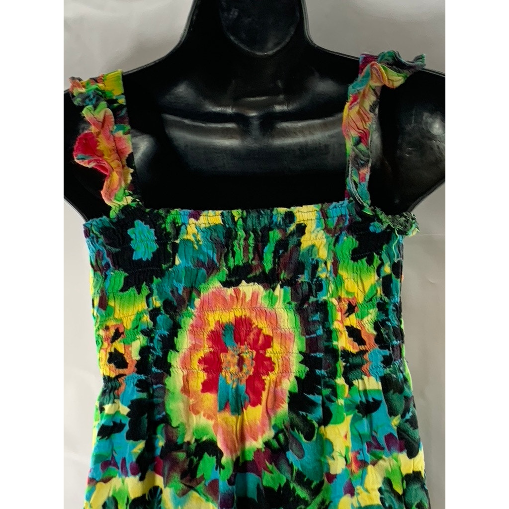 UNBRANDED Women's Green Multicolor Tie-Dye Print Smocked Ruffle Sleeve Dress SZS