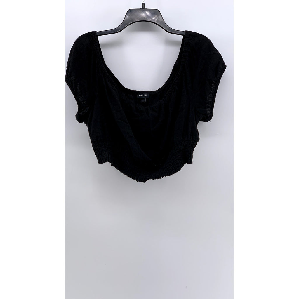 TORRID Women's Black Plus Linen Blend Off-The-Shoulder Smocked Crop Top SZ 1