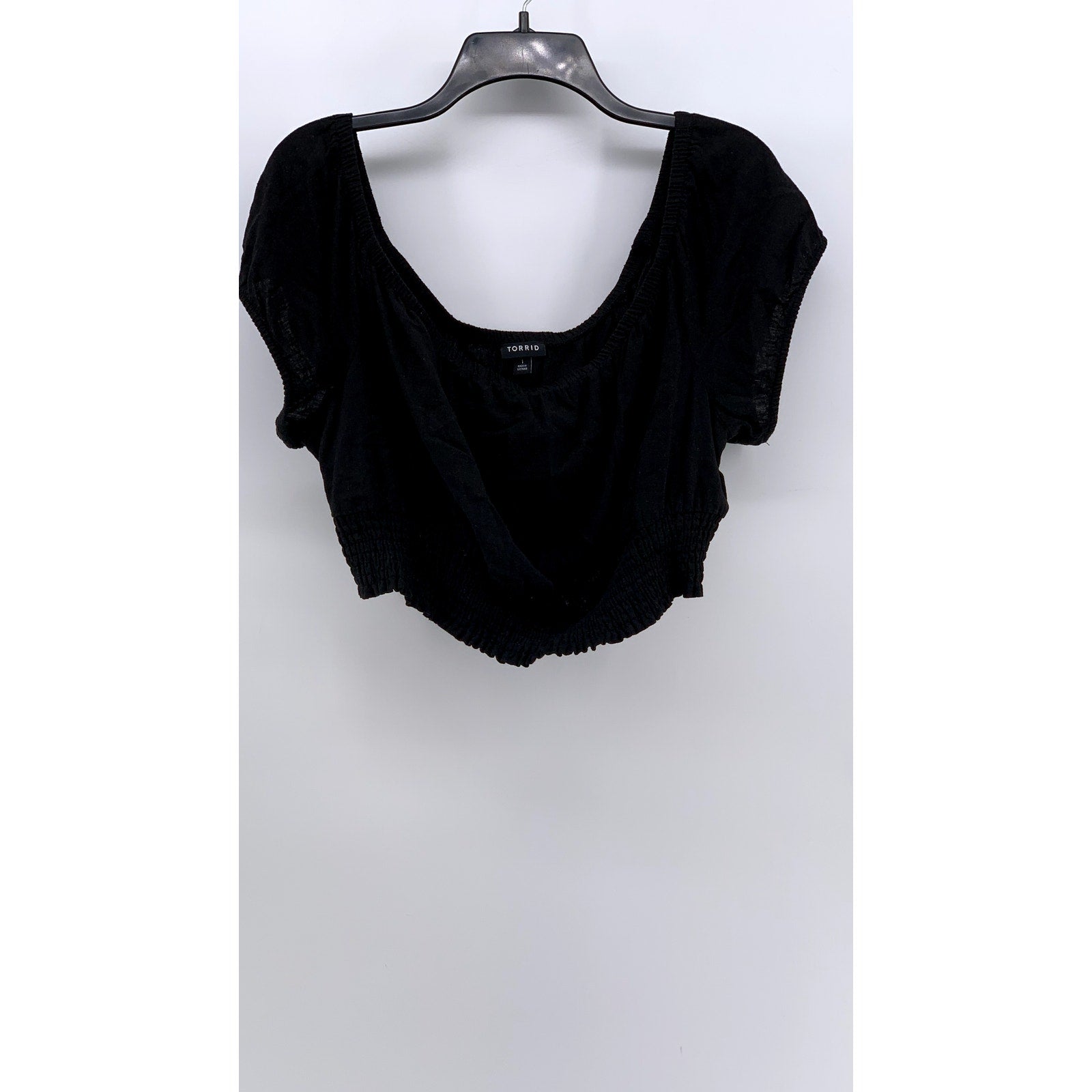 TORRID Women's Black Plus Linen Blend Off-The-Shoulder Smocked Crop Top SZ 1