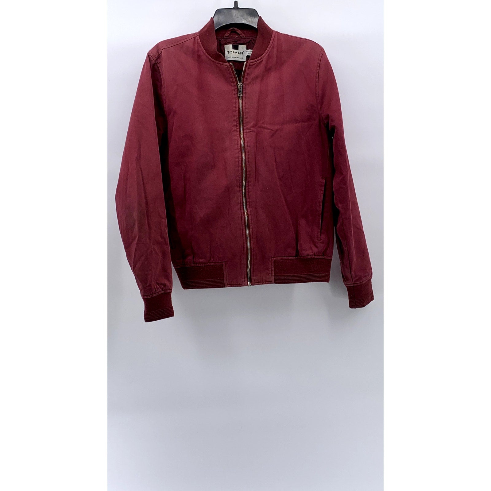 TOPMAN Men's Burgundy Mandarin-Collar Long Sleeve Zip-Up Bomber Jacket SZ S