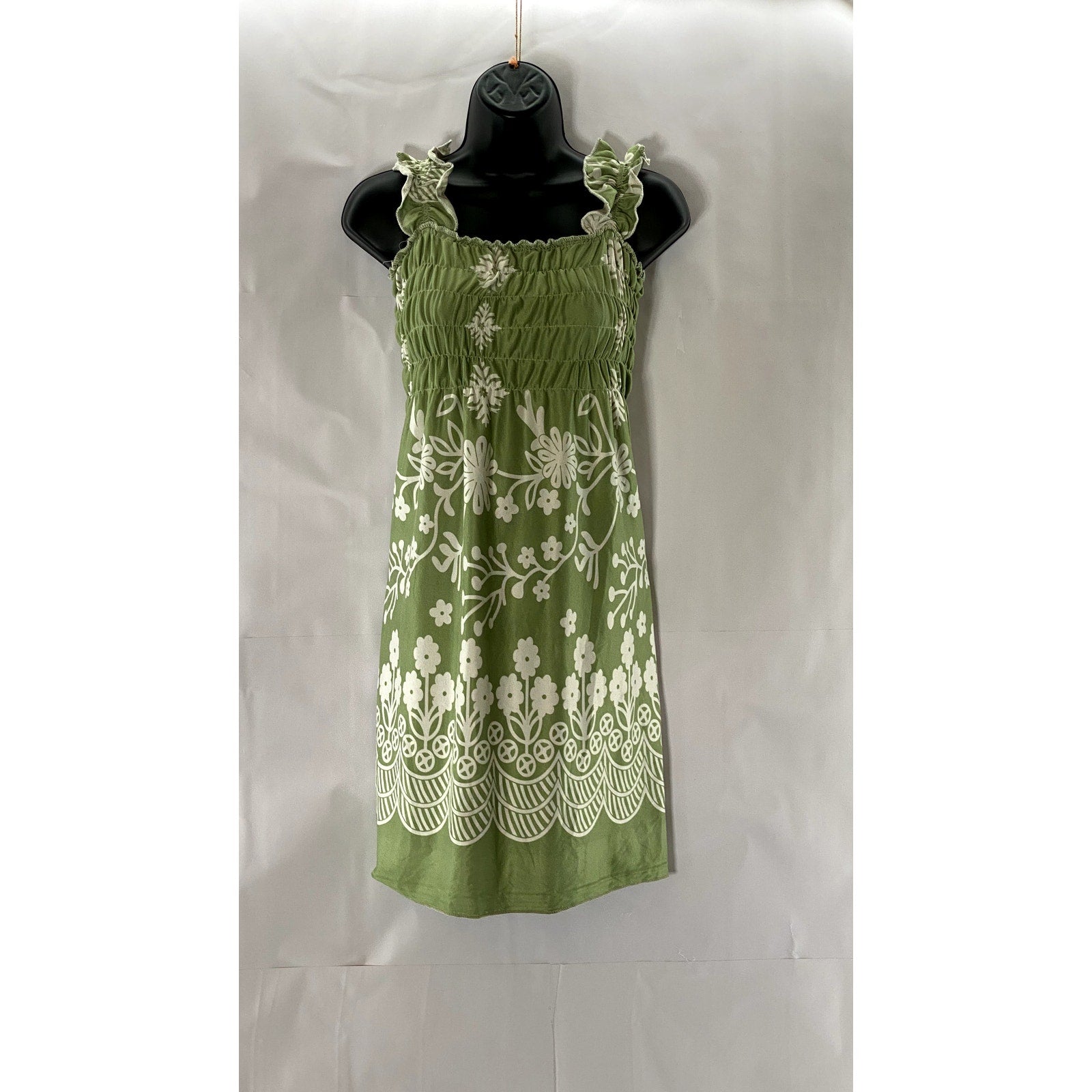 UNBRANDED Women's Green/White Floral Smocked Ruffle Sleeve Mini Dress SZ S