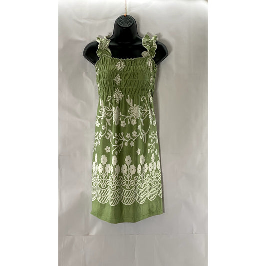 UNBRANDED Women's Green/White Floral Smocked Ruffle Sleeve Mini Dress SZ S