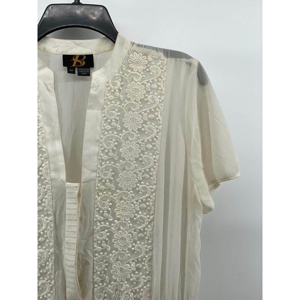 S&B Women's Petite Cream Knit Sheer Pleated Cinched Knee-Length Dress SZ 12P