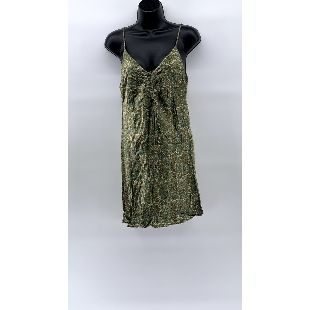 ZARA Women's Green Printed Ruched V-Neck Spaghetti Strap Mini Dress SZ M