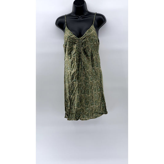 ZARA Women's Green Printed Ruched V-Neck Spaghetti Strap Mini Dress SZ M