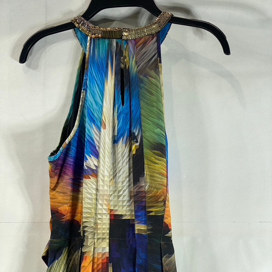 RANNA GILL Women's Blue Multi Tropical Tie-Waist Embellished Halter Dress SZ S