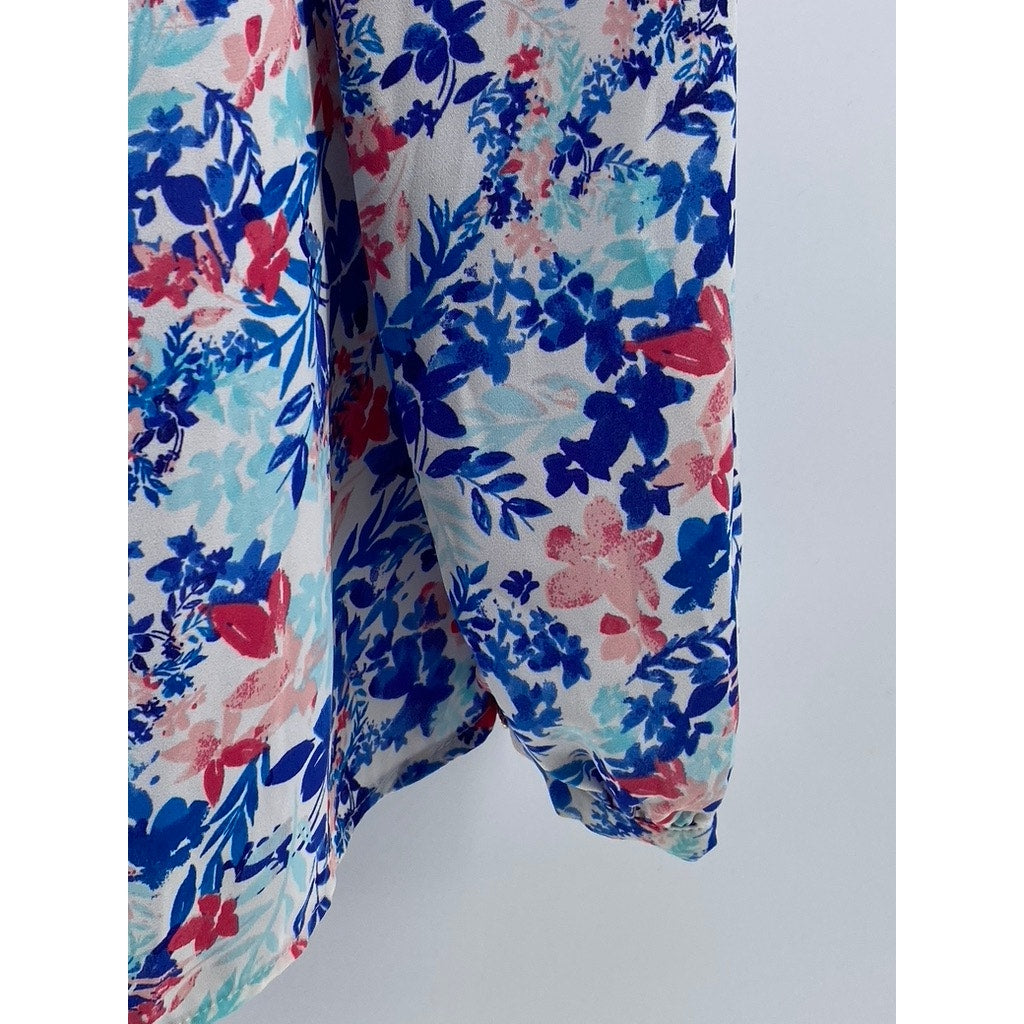TALBOTS Women's Blue Floral Print Long Sleeve Henley Collar Shirt SZ XS