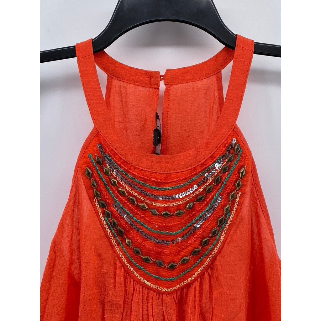 BCX Women's Orange Scoop-Neck Beaded Embellished Relaxed Fit Sleeveless Top SZ S